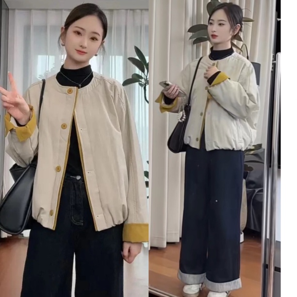 设计感撞色轻薄夹棉短外套女装2025秋冬韩系新款洋气棉服上衣