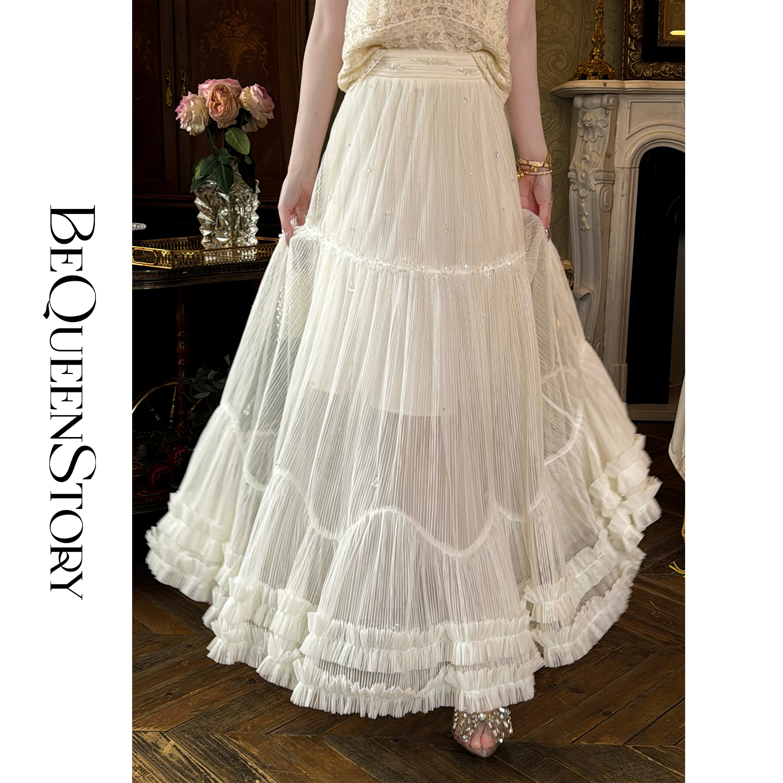 余潇潇【云间诗意】新款朦胧仙气精美花边A字裙摆半身裙