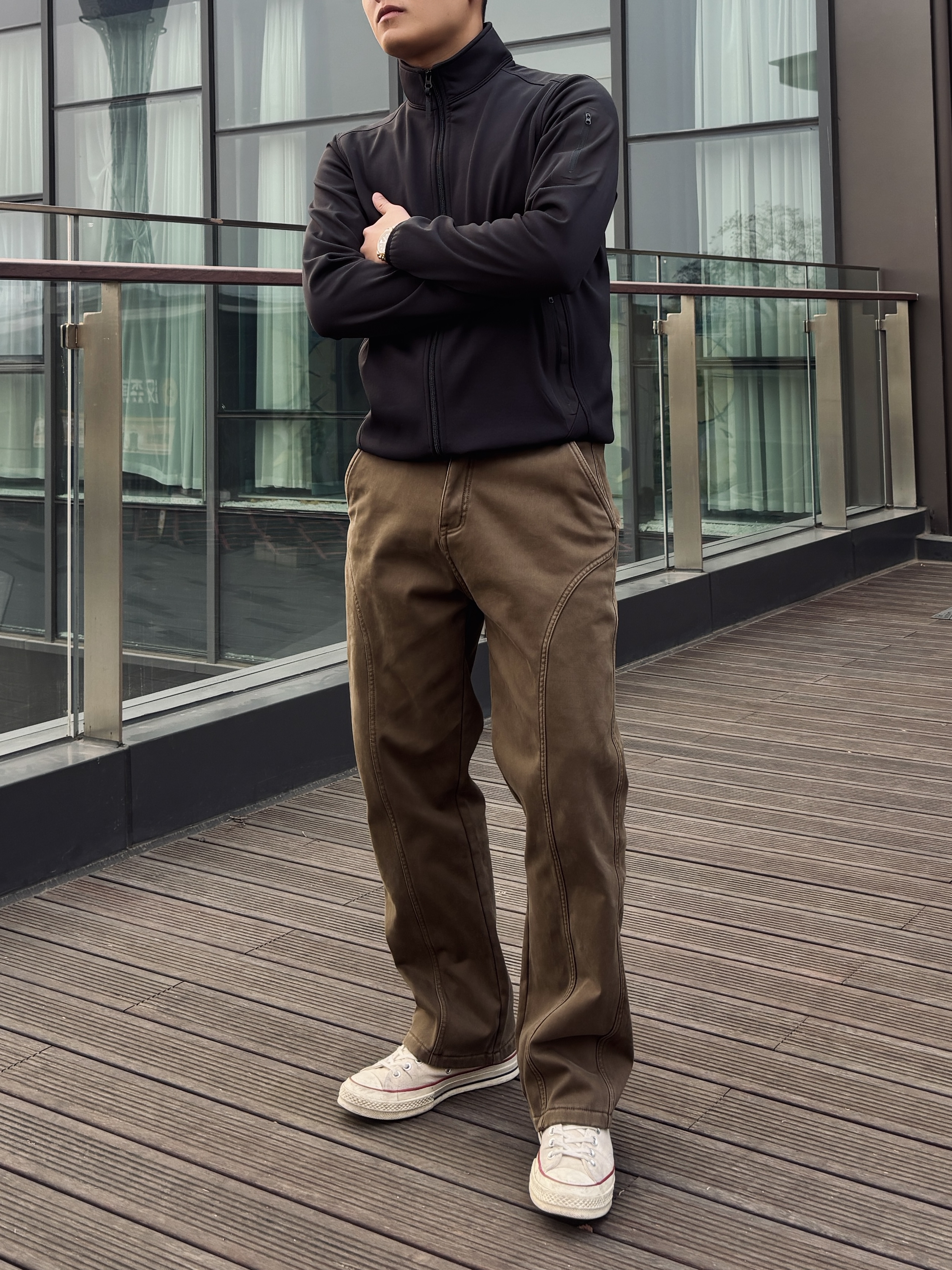 SOS秋冬加绒弯刀工装裤百搭宽松微弹显瘦直筒裤保暖加厚休闲长裤