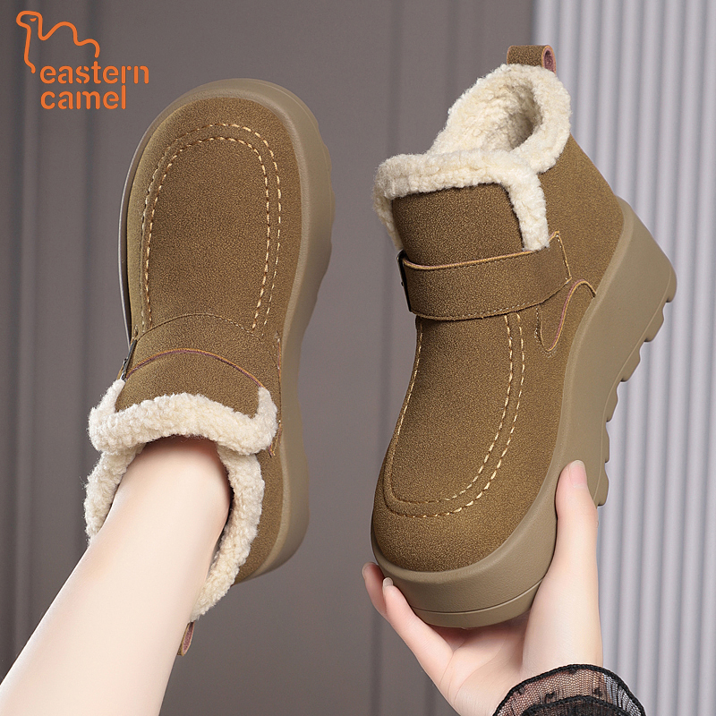 东方骆驼厚底加绒勃肯鞋冬季新款女士增高防滑时尚保暖雪地靴棉鞋