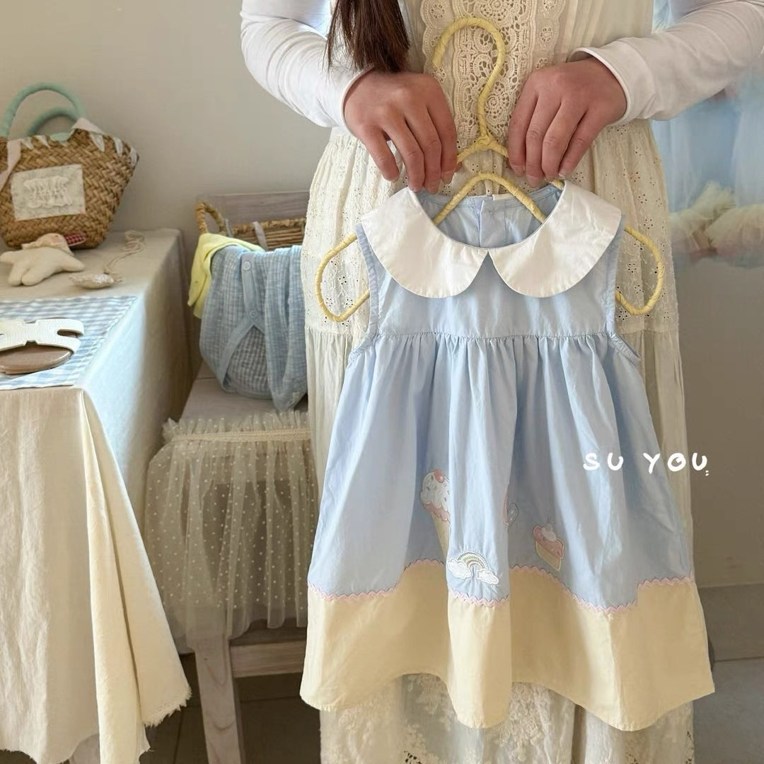 童装2025夏季新款女童小童韩版卡通刺绣娃娃领棉布无袖连衣裙