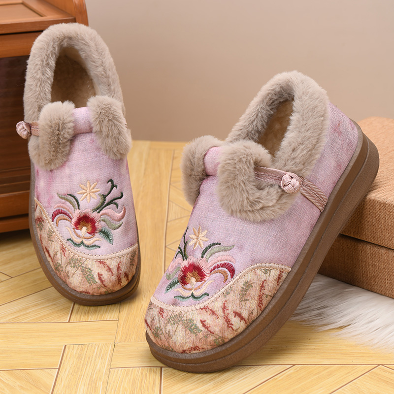 (花开富贵)冬季老北京棉鞋女加绒加厚保暖妈妈鞋一脚蹬厚底绣花鞋
