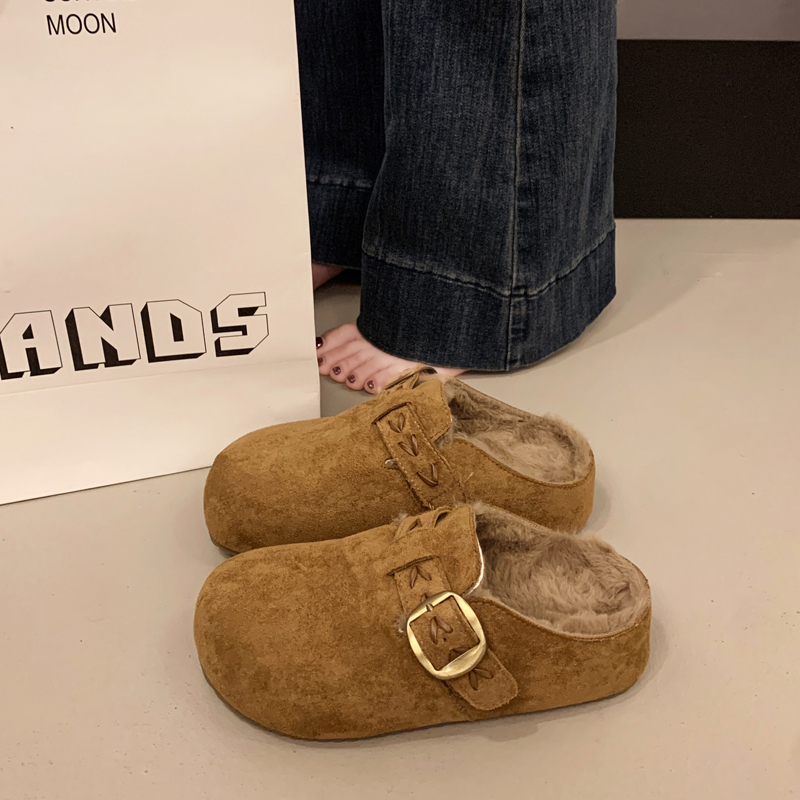 毛毛拖鞋外穿勃肯鞋厚底半拖女2025秋冬新款加绒博肯鞋一脚蹬包头