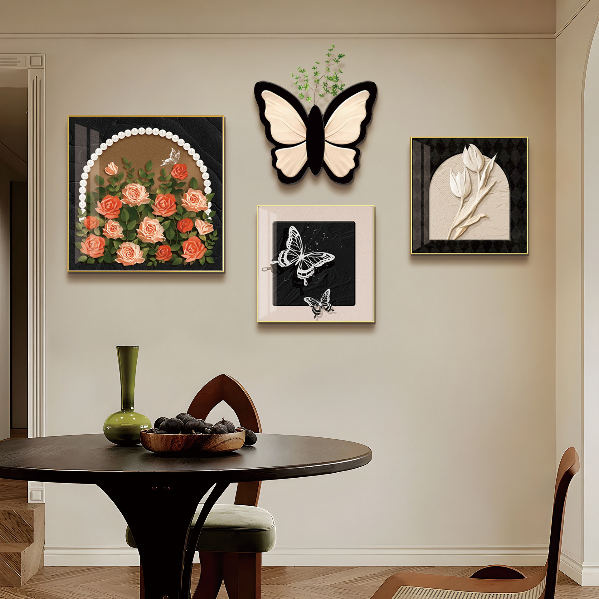 浪漫法式餐厅装饰画中古风蝴蝶挂画客厅沙发背景墙壁画高级感墙画