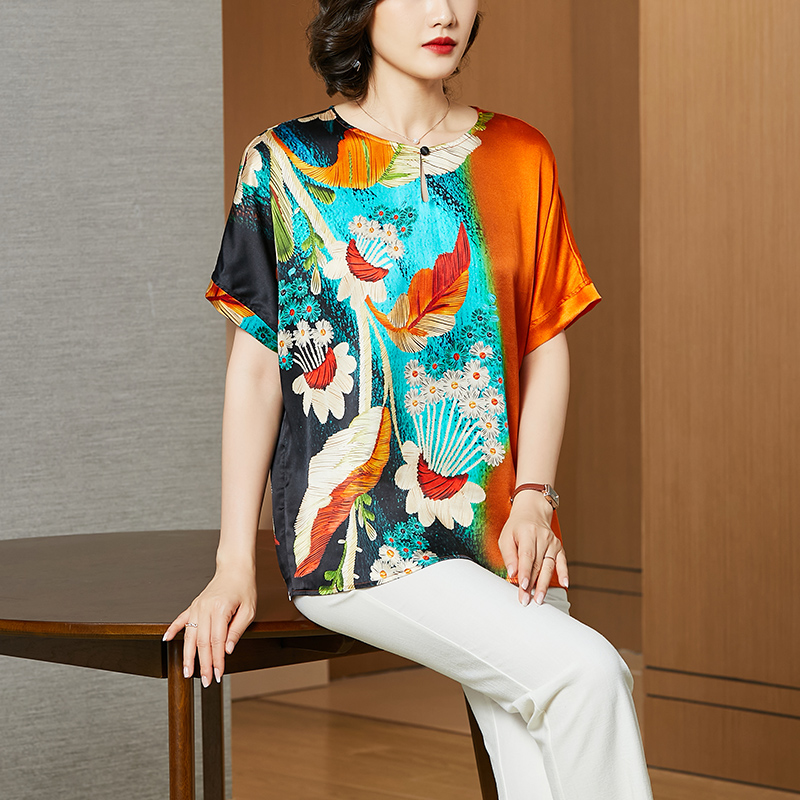 欧若风大码重磅真丝上衣短袖2025夏季新款印花圆领洋气桑蚕丝衬衣