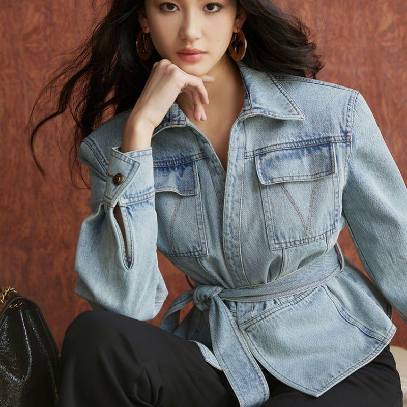 2025春装新款做旧水洗斜纹牛仔可拆卸腰带高腰系带牛仔外套女短款