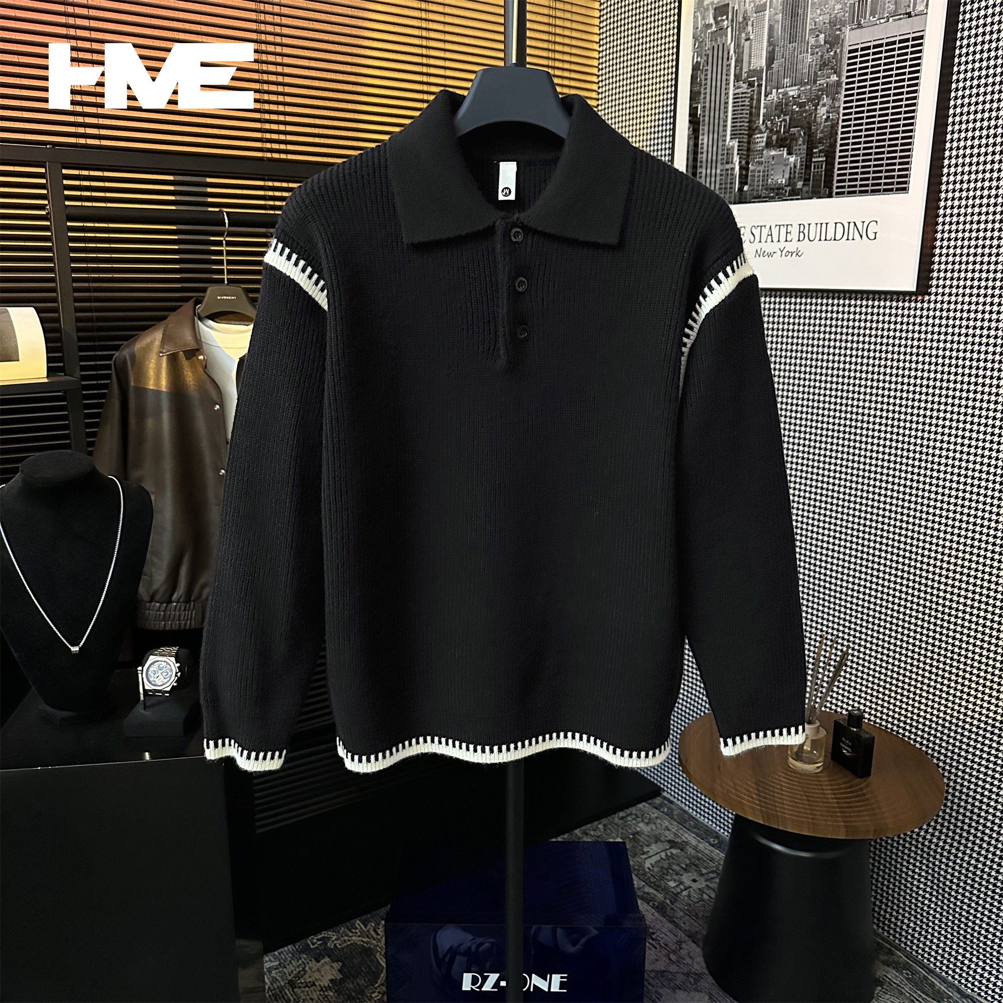 【HMEYAO】【撞色钢琴键针织衫】原创冬季重磅明辑线设计POLO衫毛衣