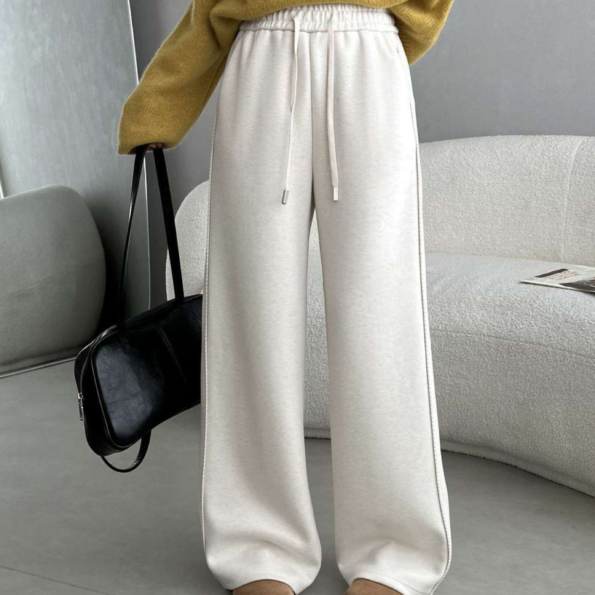 【韩衣舍】9955秋冬高腰加绒加厚直筒阔腿裤休闲保暖女裤