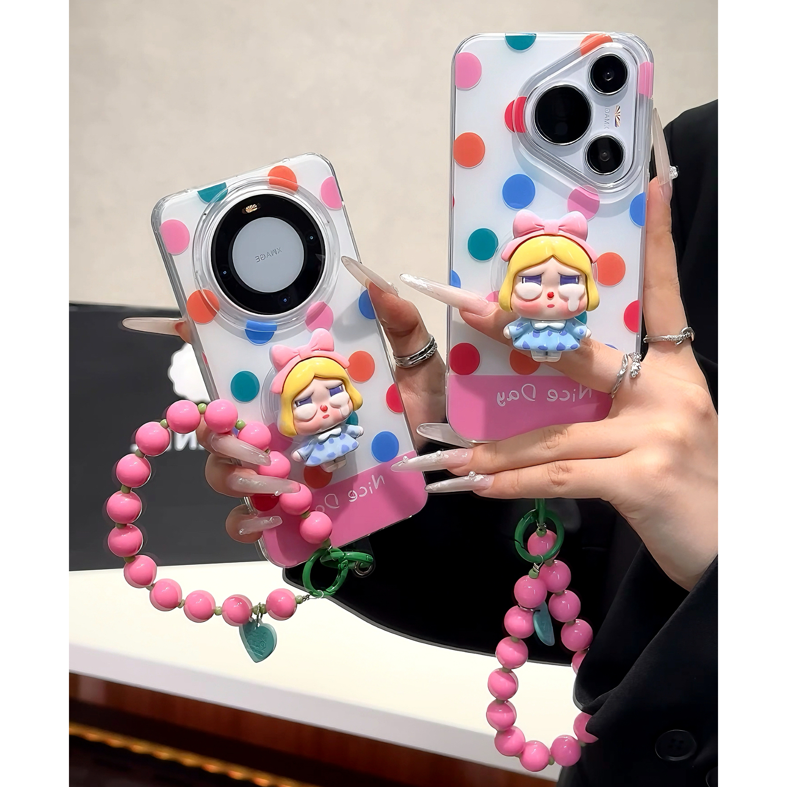 雅天立简约波点哭娃支架适用苹果16手机壳17华为vivo小米15oppo女