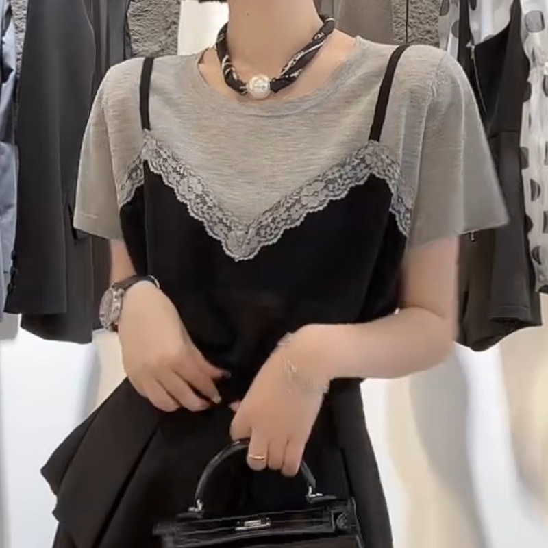2025新款夏季设计感气质蕾丝假两件短袖上衣LK2503266