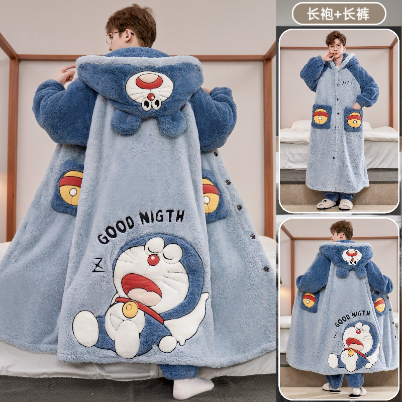 秋冬季男士睡袍套装长款加绒加厚珊瑚绒睡衣大码法兰绒浴袍家居服