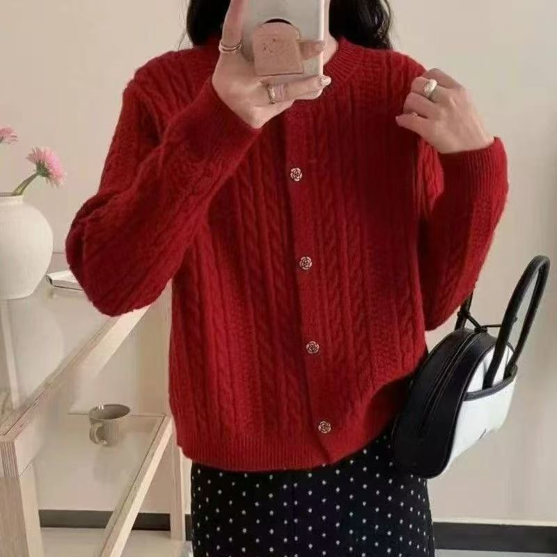 秋冬季新款时尚气质宽松显瘦圆领针织开衫女毛衣宽松百搭开衫上衣