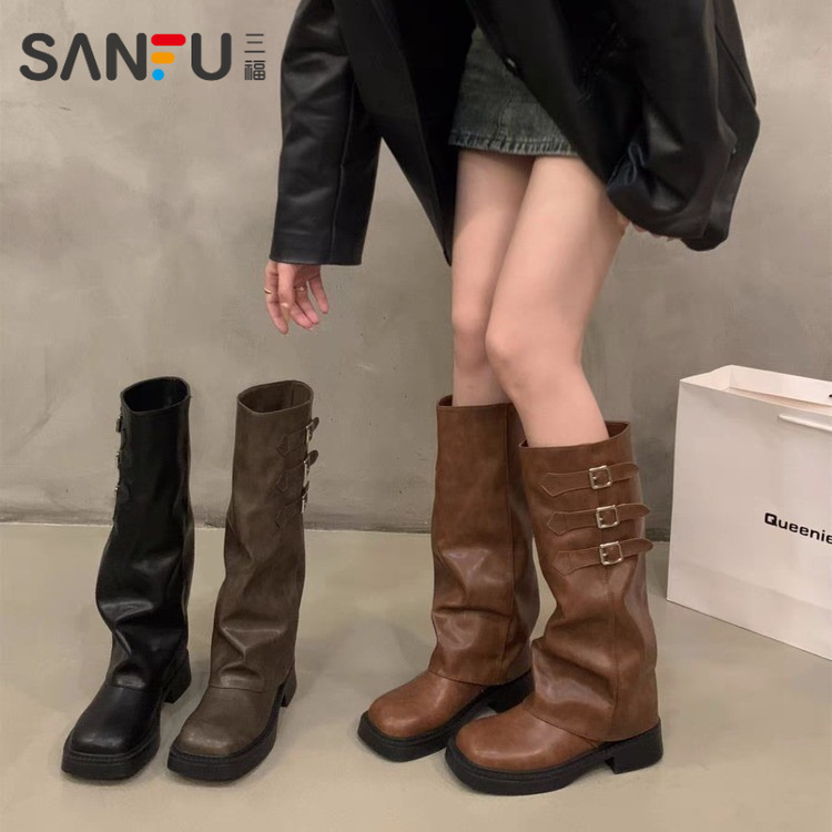 三福棕色复古高筒管靴骑士靴新款女靴子西部牛仔靴女款小个子长靴