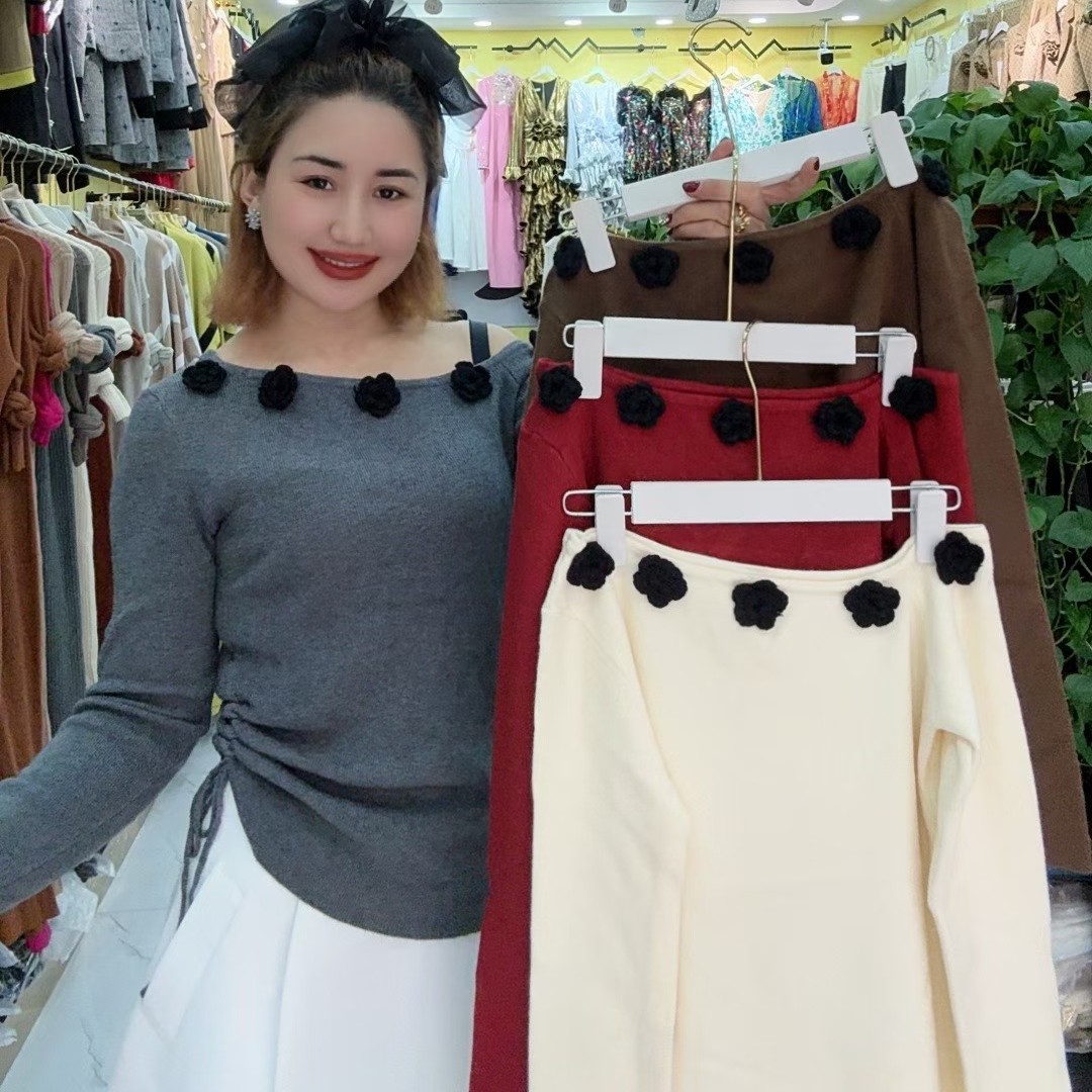 百搭女装针织衫秋季花朵时尚针织飞飞袖长袖毛针织衫