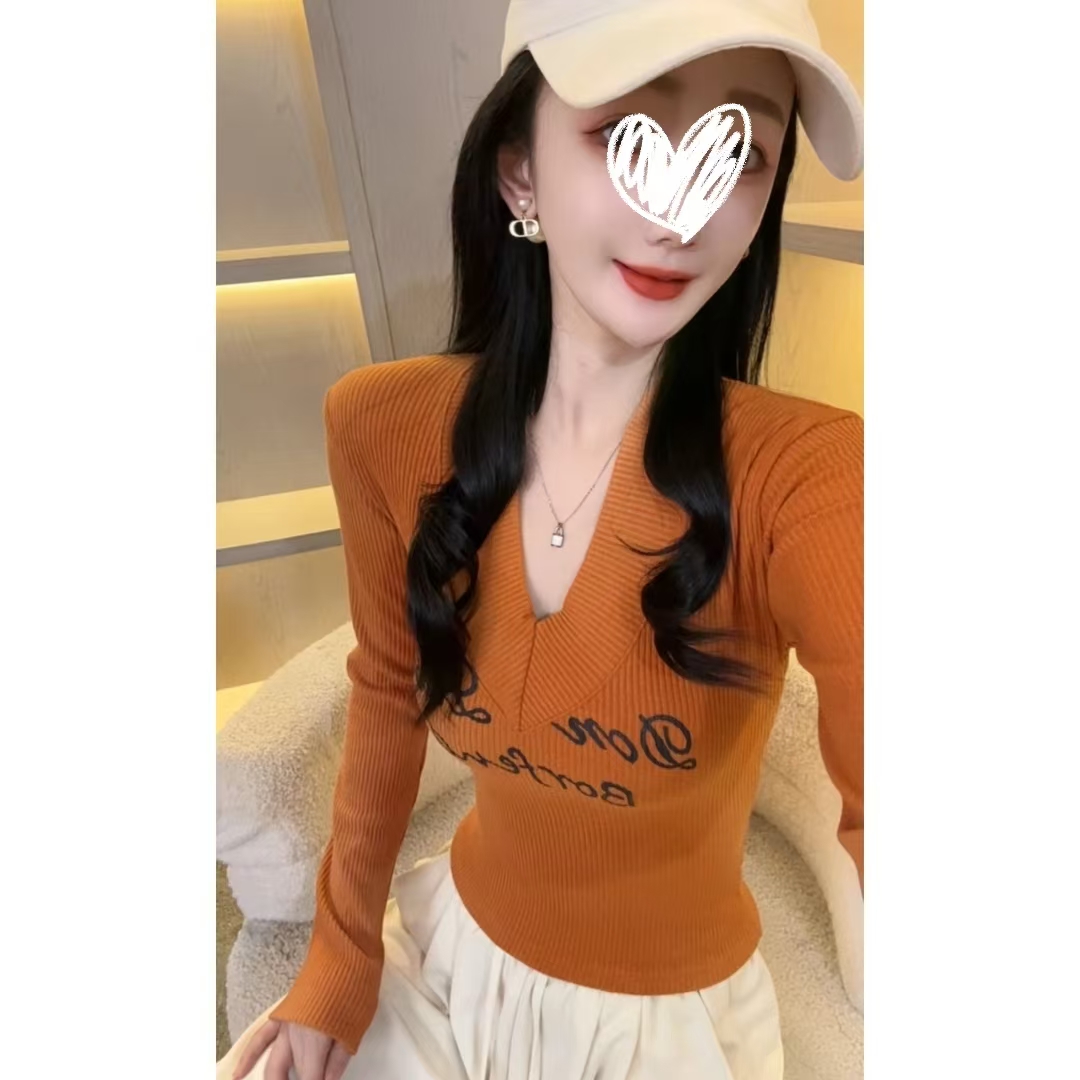 『正版原版面料320g』V领秋装T恤女长袖螺纹打底衫辣妹修身秋季显瘦