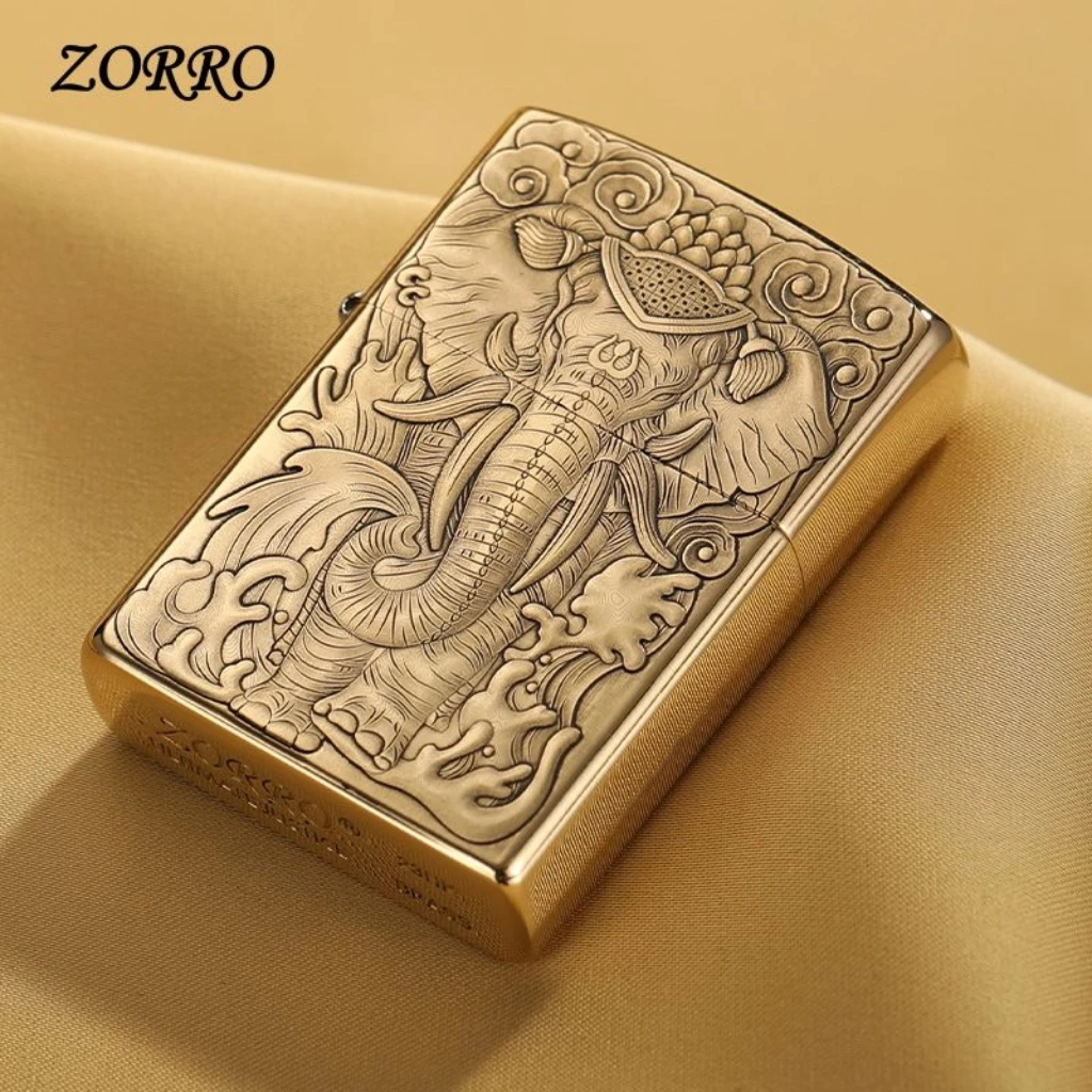 ZORRO佐罗六牙神象黄铜防风打火机双面3D立体浮雕图案送男友礼物