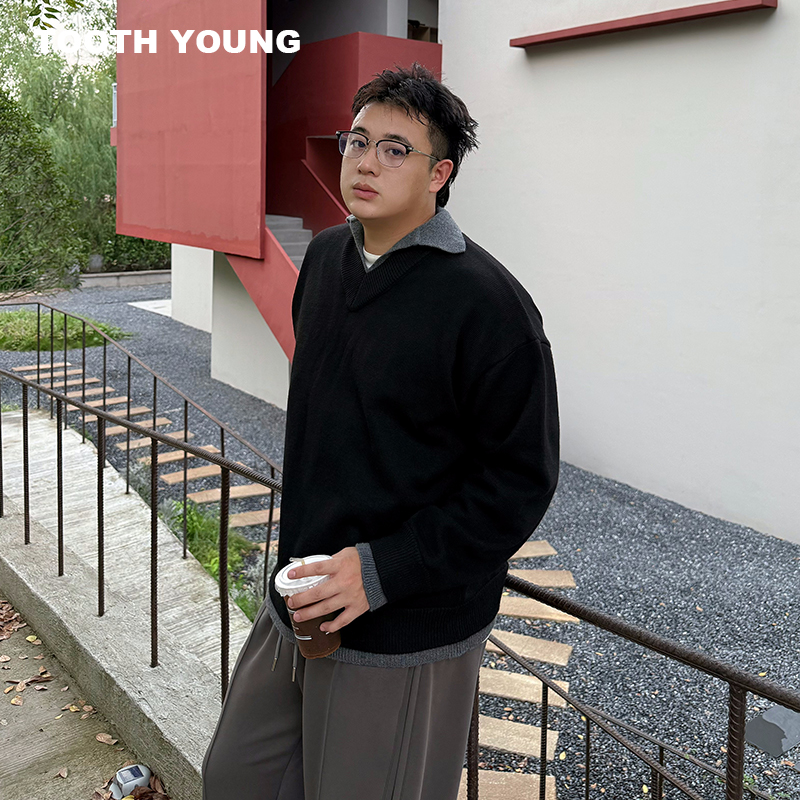 TOOTH YOUNG【一体式叠搭】假两件衬衫领套头针织衫秋季休闲毛衣