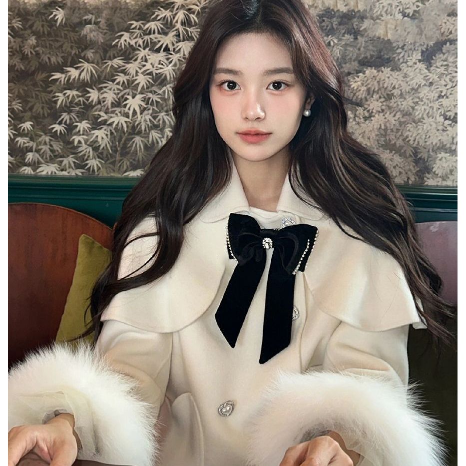 法式时髦网红气质名媛毛绒大衣高级感小众蝴蝶结毛呢外套冬季新款