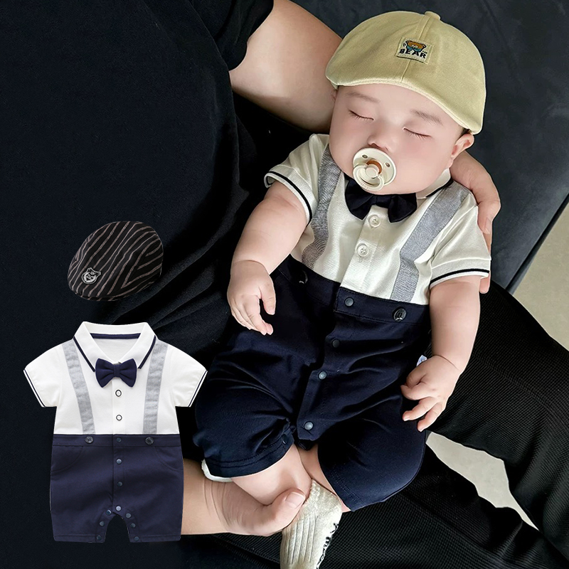 婴儿夏装男宝宝满月服百天周岁衣服薄款百日宴一岁纯棉短袖连体衣