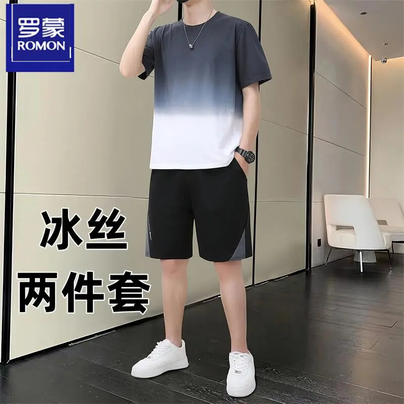 Romon/罗蒙冰丝短袖t恤男两件套夏季大码运动短裤帅气休闲套装男