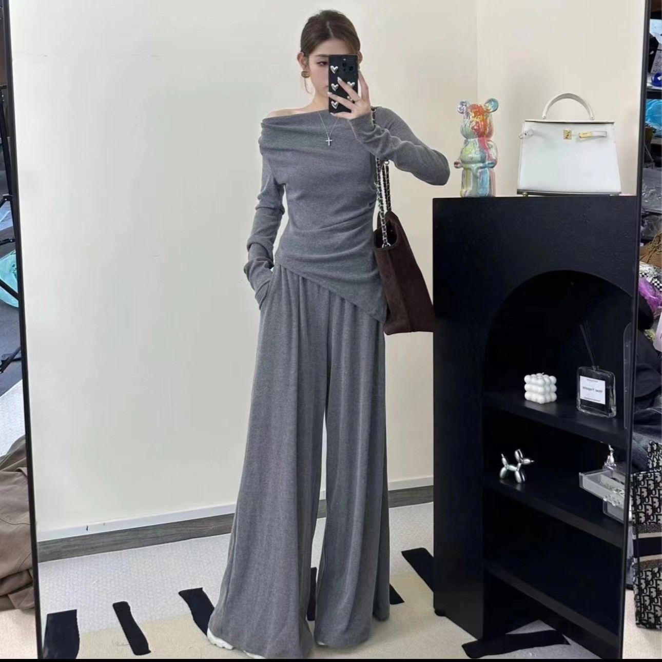 时尚一字肩套装气质显瘦百搭针织长袖网红高腰加长两件套80196