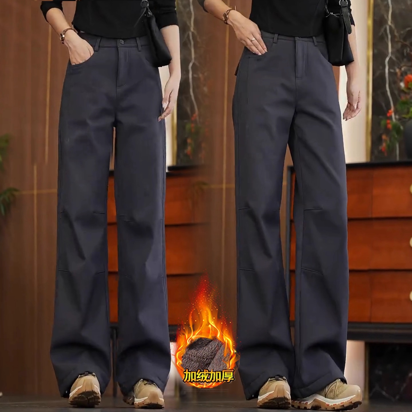 加绒加厚阔腿工装裤女2025秋冬新款高腰宽松显瘦百搭直筒裤长裤子