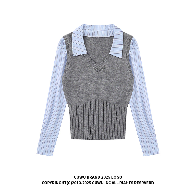 cuwu假两件灰色针织马甲女秋季拼接长袖衬衫V领条纹韩系短款上衣