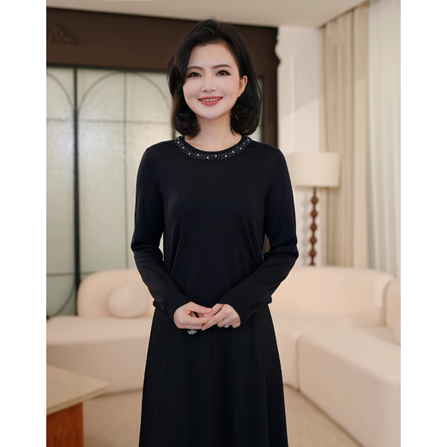 【美丽诺绵羊毛】枫竺阿楠anan优雅气质钉珠圆领羊毛衫女秋打底毛衣