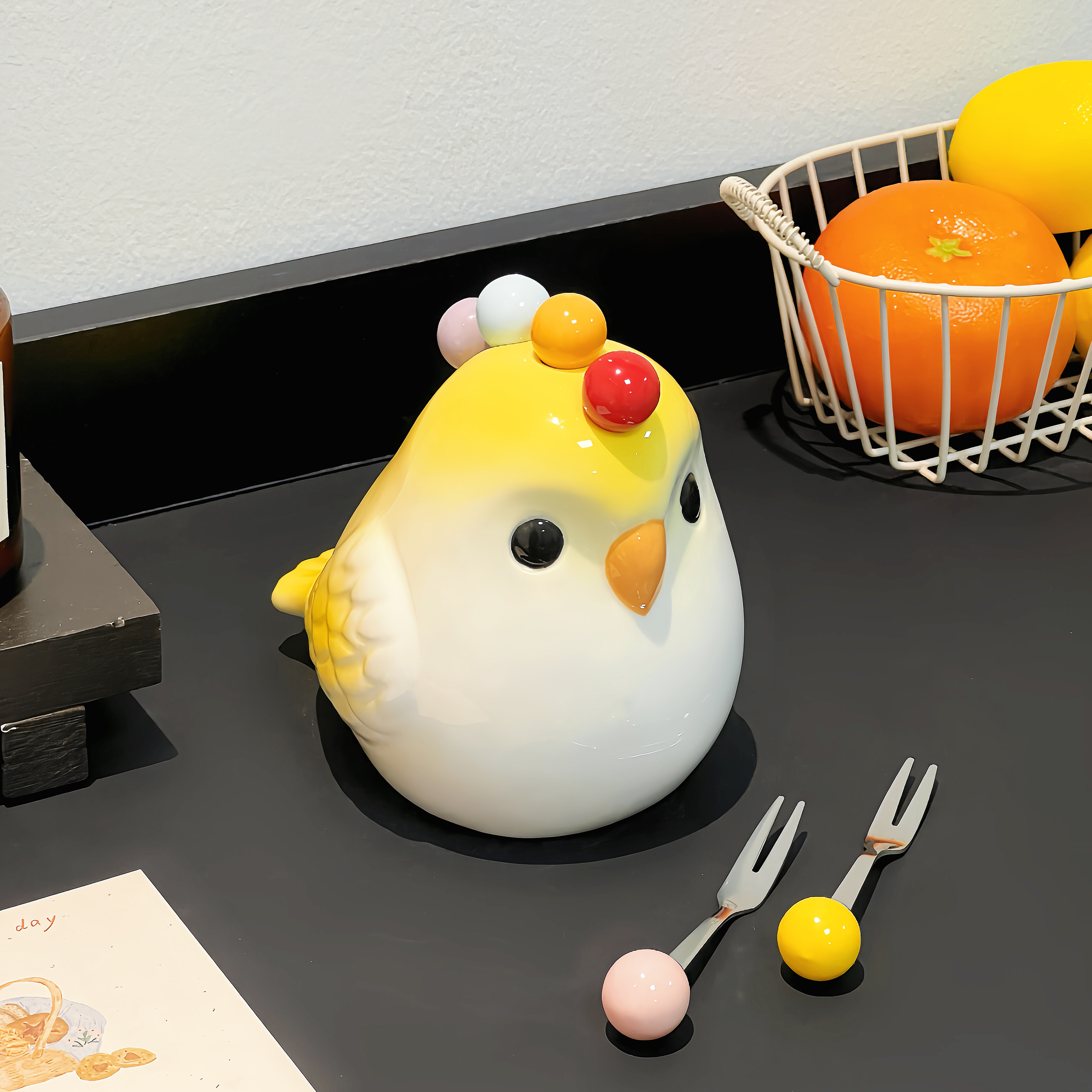 可爱鹦鹉水果叉套装家用高颜值不锈钢果叉果签陶瓷收纳罐创意摆件