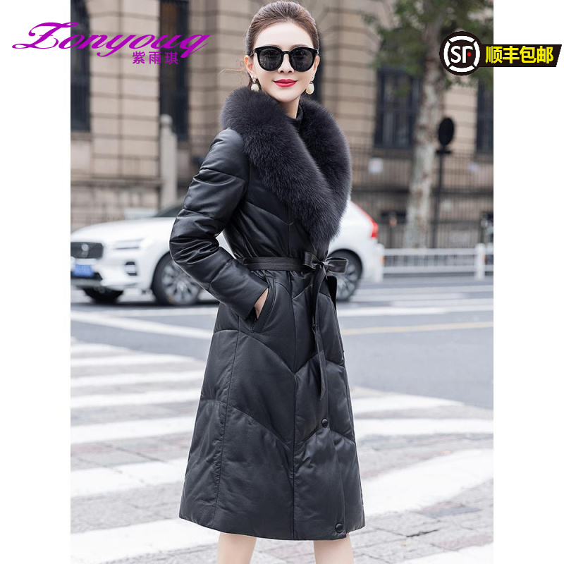 紫雨琪大狐狸毛领真皮羽绒服女2025冬新款修身中长款皮草绵羊皮大