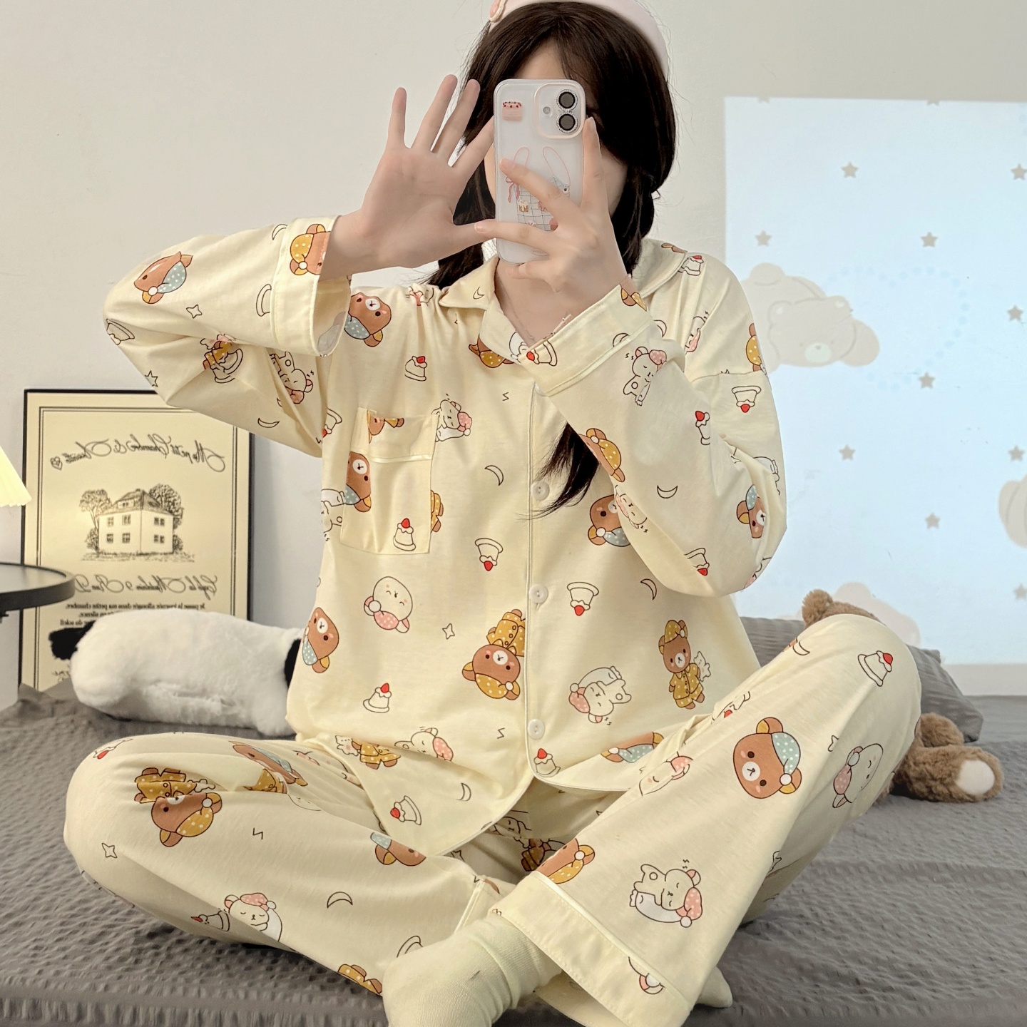 ins日系轻松小熊睡衣女套装大码长袖长裤可爱卡通家居服可外穿