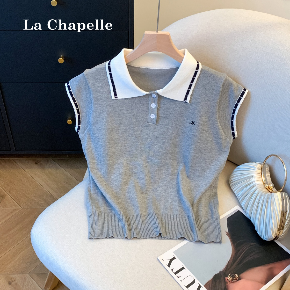 拉夏贝尔韩系花边翻领薄款针织短袖T恤女夏季宽松显瘦小飞袖上衣