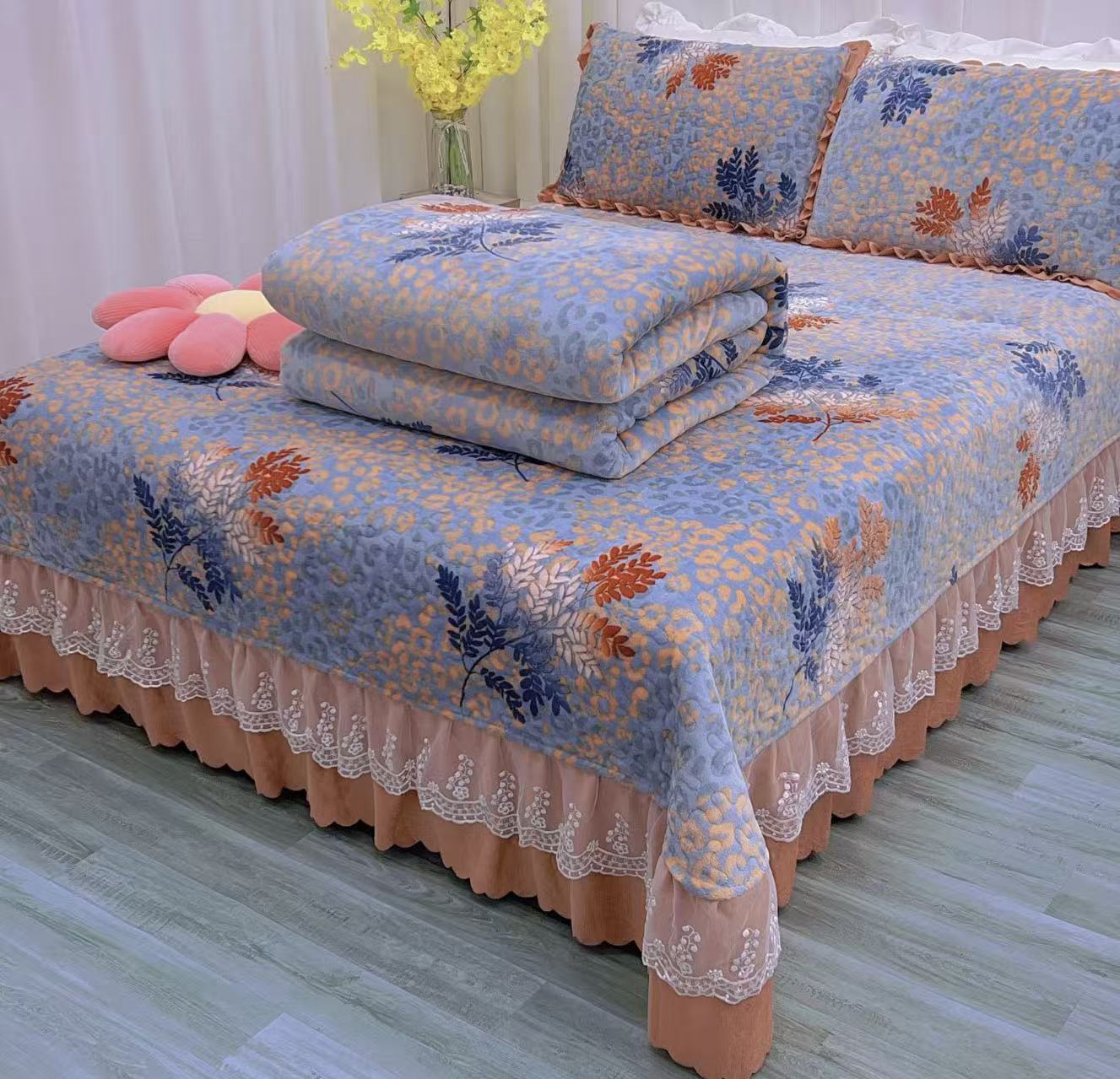 秋冬新款加厚夹棉牛奶绒床盖四件套床单四件套绗缝特厚款床上用品