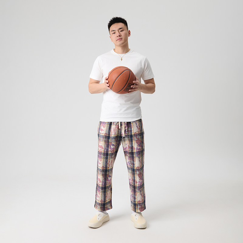 Drakcle Boo孟博龙毛呢印染格子运动休闲直筒宽松阔腿运动长裤潮