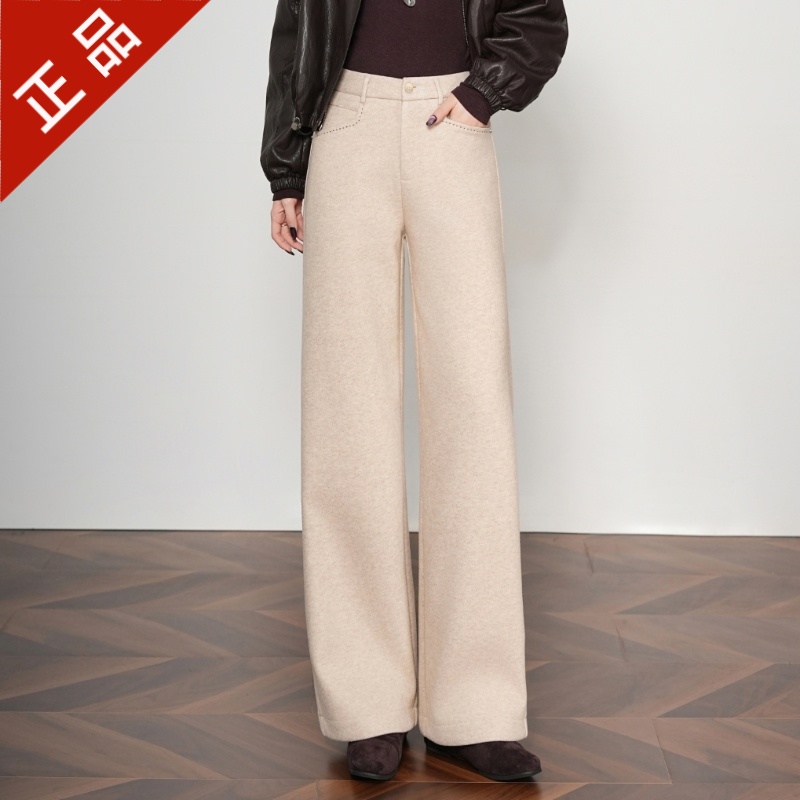 正品2025秋冬新款窄版休闲裤女款时尚加厚羊毛筒喇裤直筒高腰裤