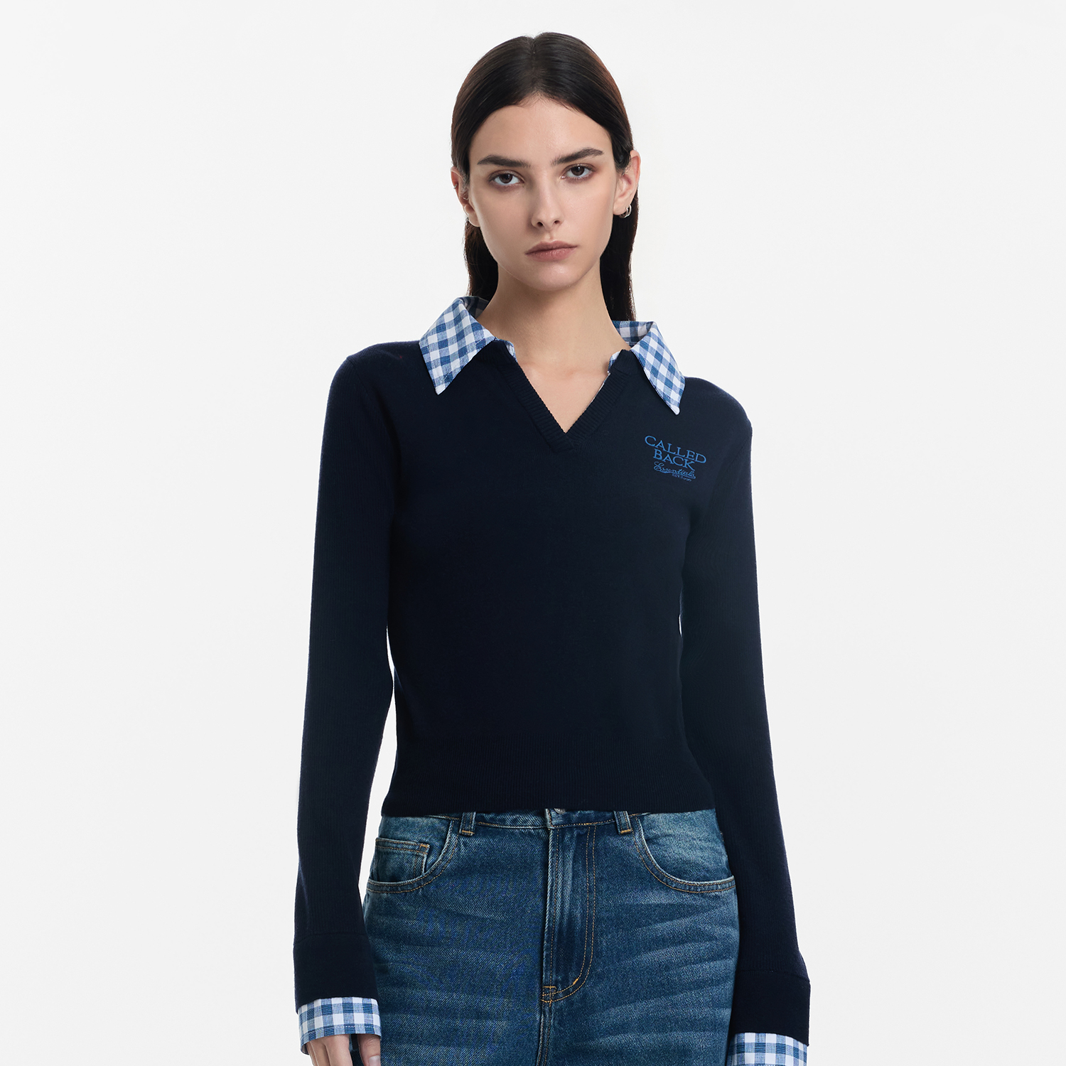 CALLED BACK针织衫女秋季新款百搭显瘦格子拼接翻领长袖上衣