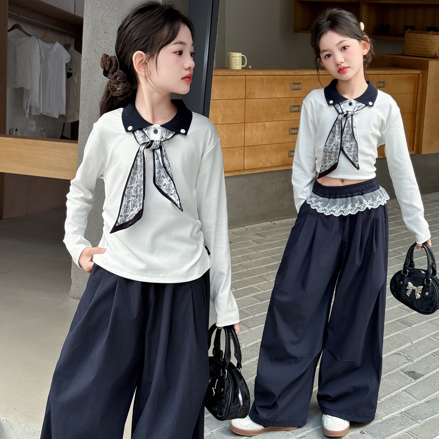 女童秋装套装2025新款女孩时髦洋气POLO衫长袖中大童阔腿裤两件套