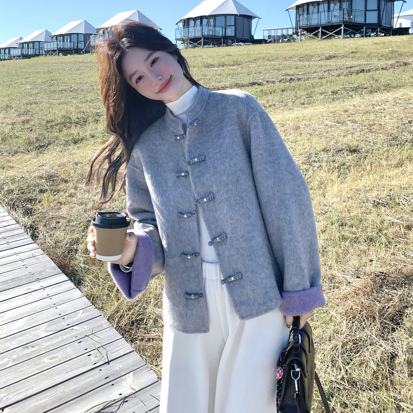 新中式盘扣双面呢大衣女2025秋冬新款气质撞色小个子立领毛呢外套