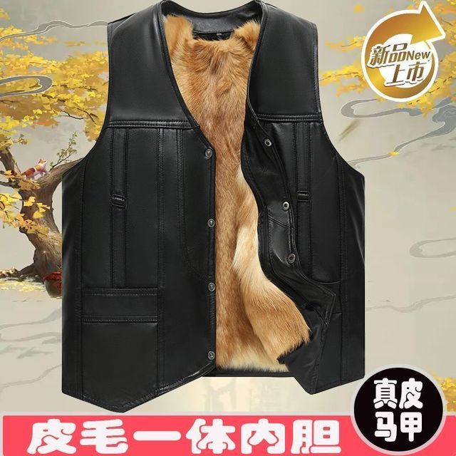 真皮马甲男皮毛一体保暖背心爸爸装中老年v领羊皮坎肩加绒加厚