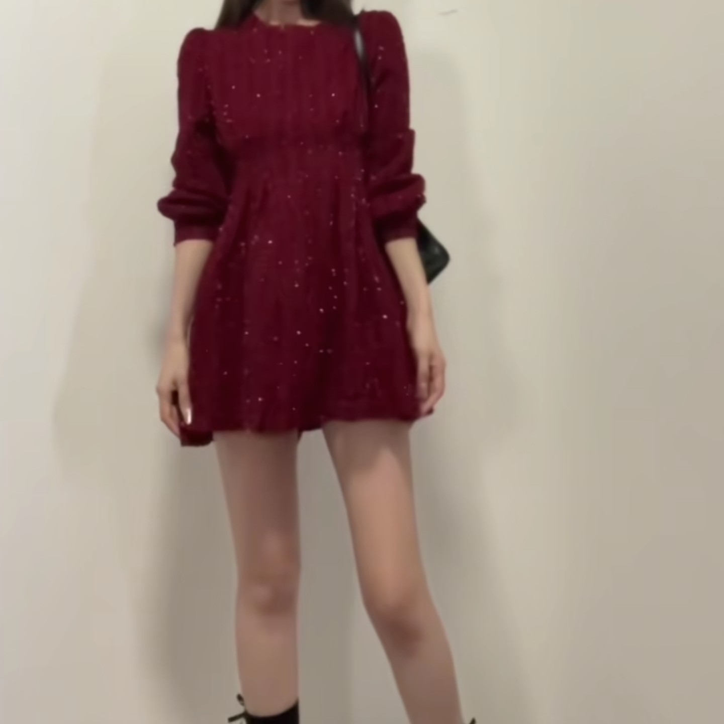 秋季新款圣诞红收腰长袖连衣裙