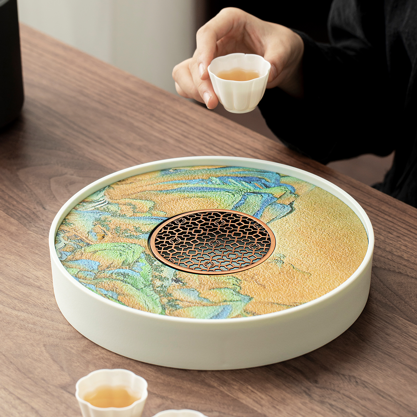 圣藏陶瓷茶盘家用新款精致干泡茶托盘小型一人独饮茶台沥水小茶盘