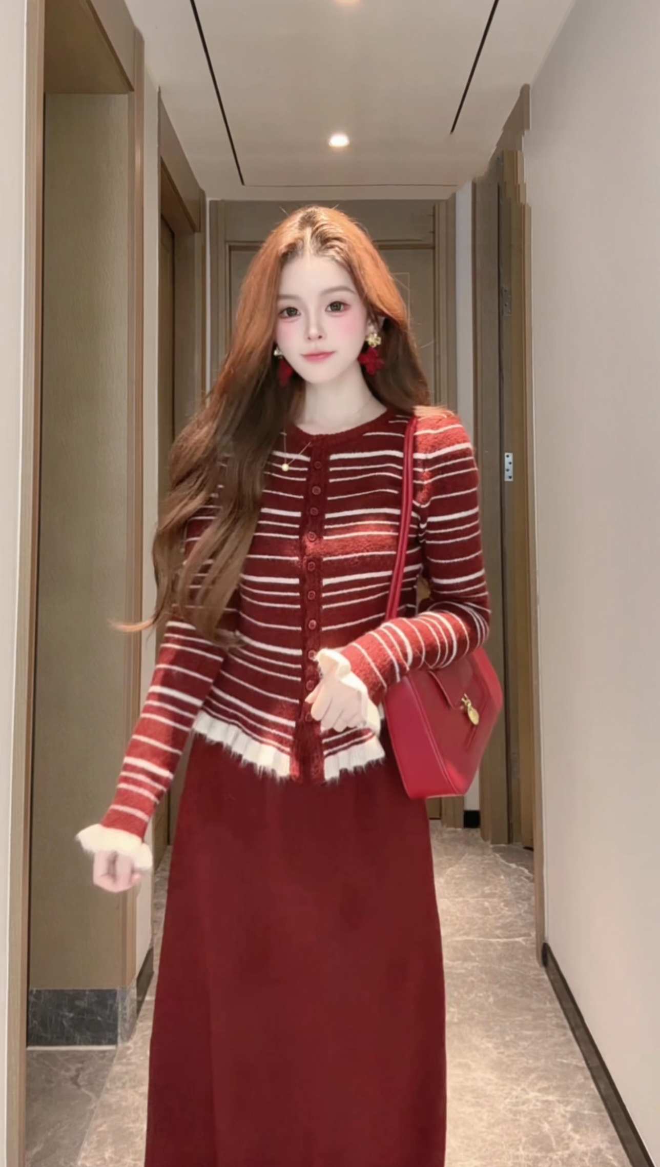 2760休闲风千金风慵懒风法式时尚套装针织红色条纹拼接秋冬气质