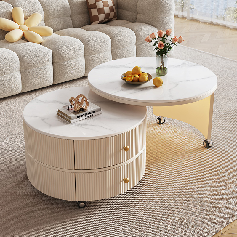 2025新款茶几客厅家用小户型现代轻奢奶油风移动圆形旋转岩板茶几
