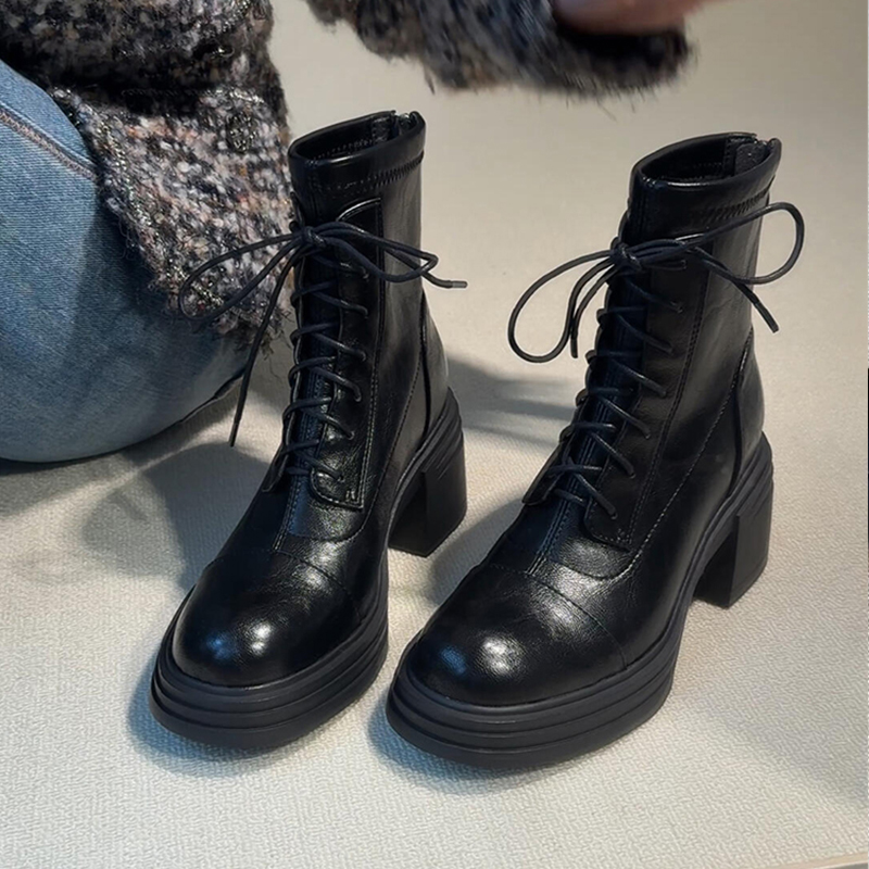 牛皮版~复古系带马丁靴女秋冬高跟气质后拉链小短靴英伦风瘦瘦靴