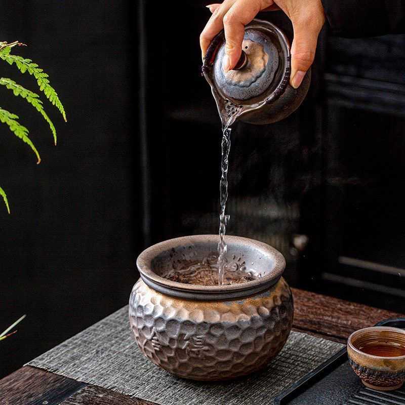 粗陶水孟复古建水茶渣缸茶洗鎏金莲蓬茶家用大号水桶过滤茶渣水缸