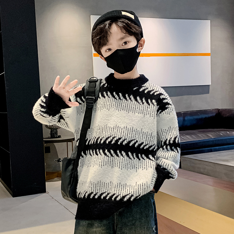 男童冬装洋气水貂绒毛衣2025新款儿童秋冬款条纹加厚上衣男孩潮酷