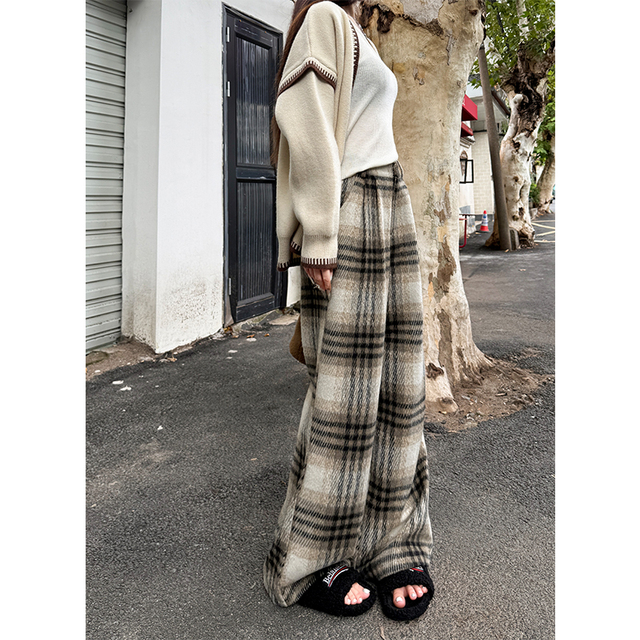 加绒加厚复古格子裤女筒裤新款毛呢黑白格阔腿宽松慵懒休闲直秋冬