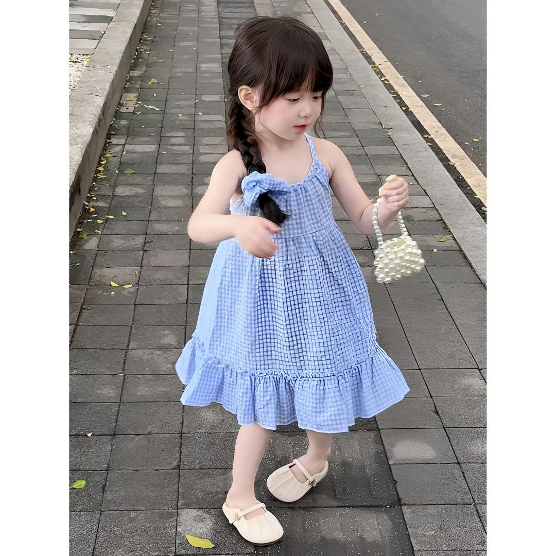 女童蓝格子背心裙2025夏季海边度假风蕾丝花边露背吊带裙连衣裙子