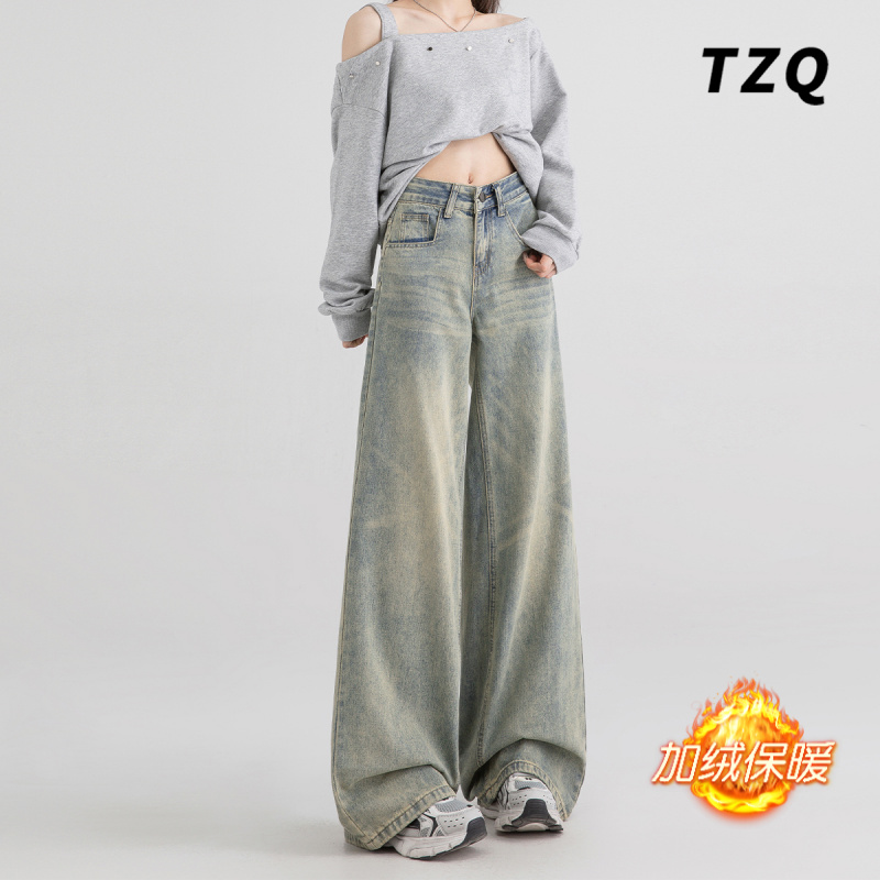 美式复古宽松阔腿牛仔裤女爆款2025加绒秋季高腰水洗显瘦拖地长裤