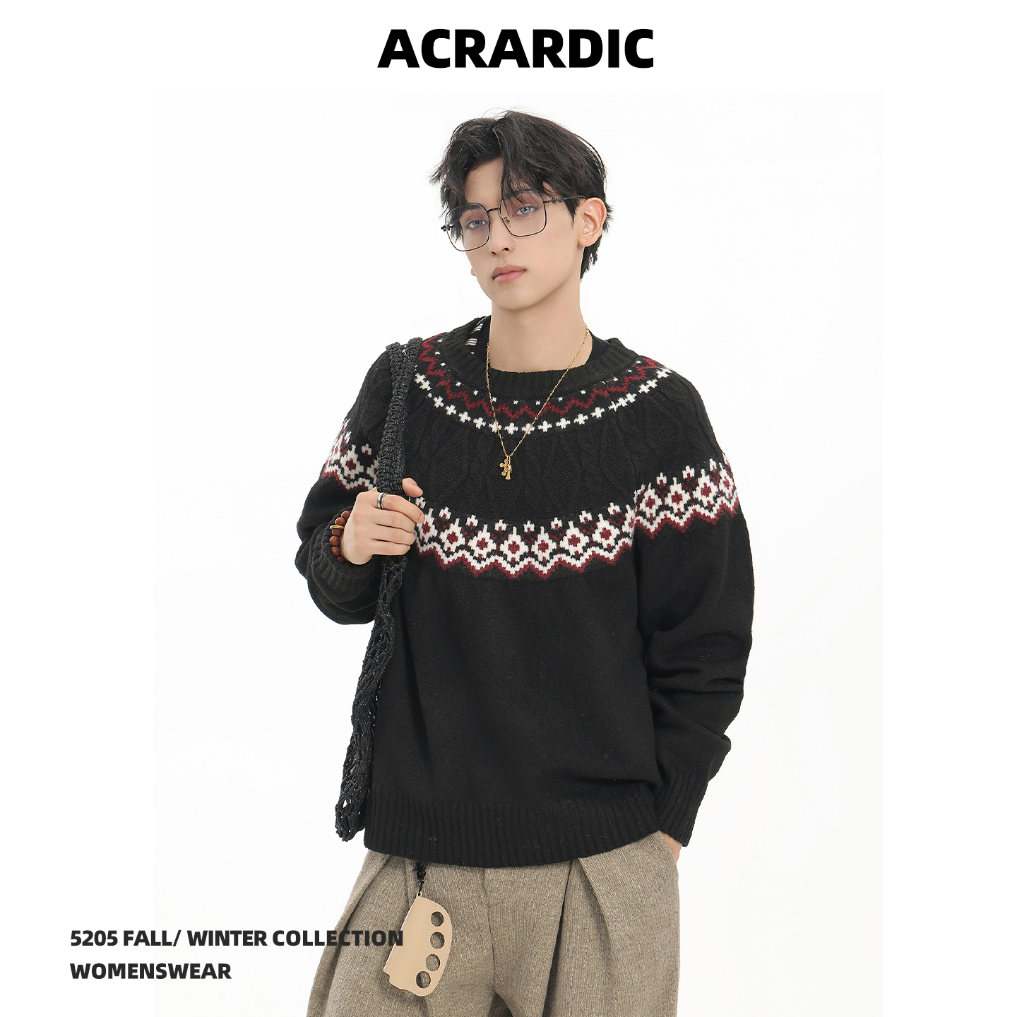 ACRARDIC秋冬美式提花费尔岛毛衣男羊毛混纺慵懒宽松保暖针织上衣